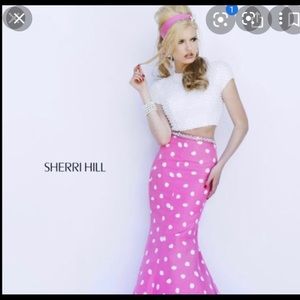 Pearl Top with pink and white polka dot bottomed two piece sherri hill dress